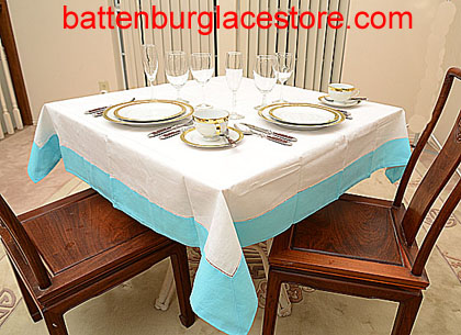 Square Tablecloth. White with color trim. 54 in. Square.